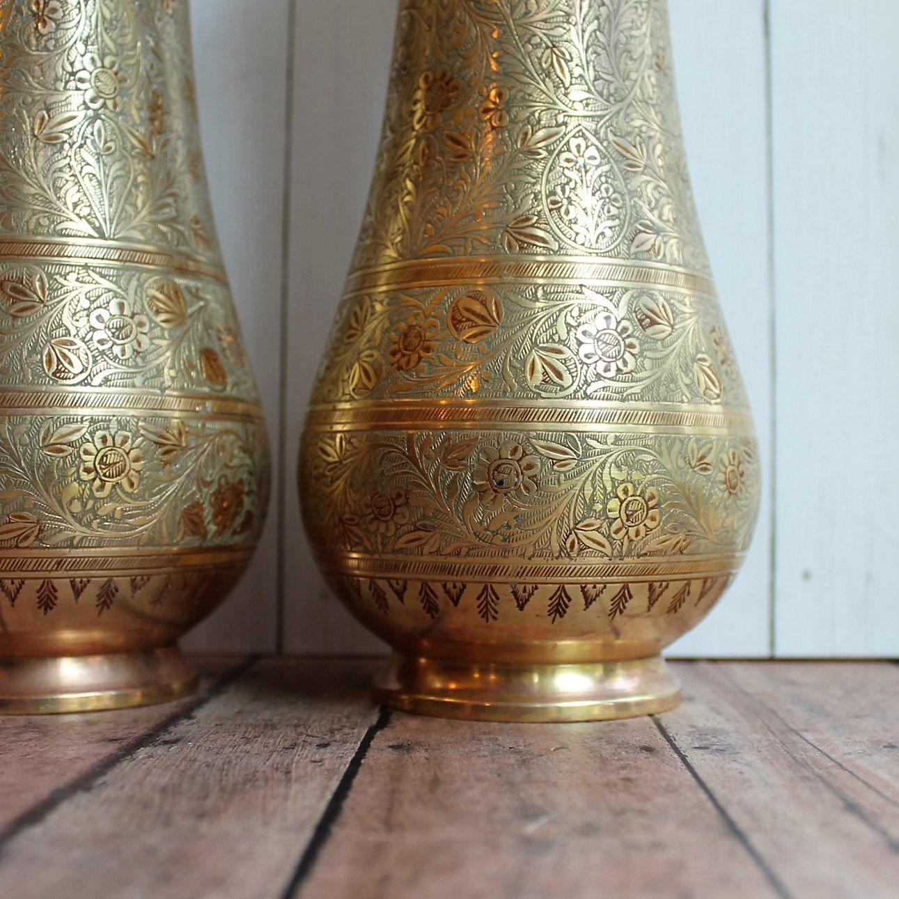 Vintage Brass Vase Set of 2 Matching Large 10 Brass Vases with Etched