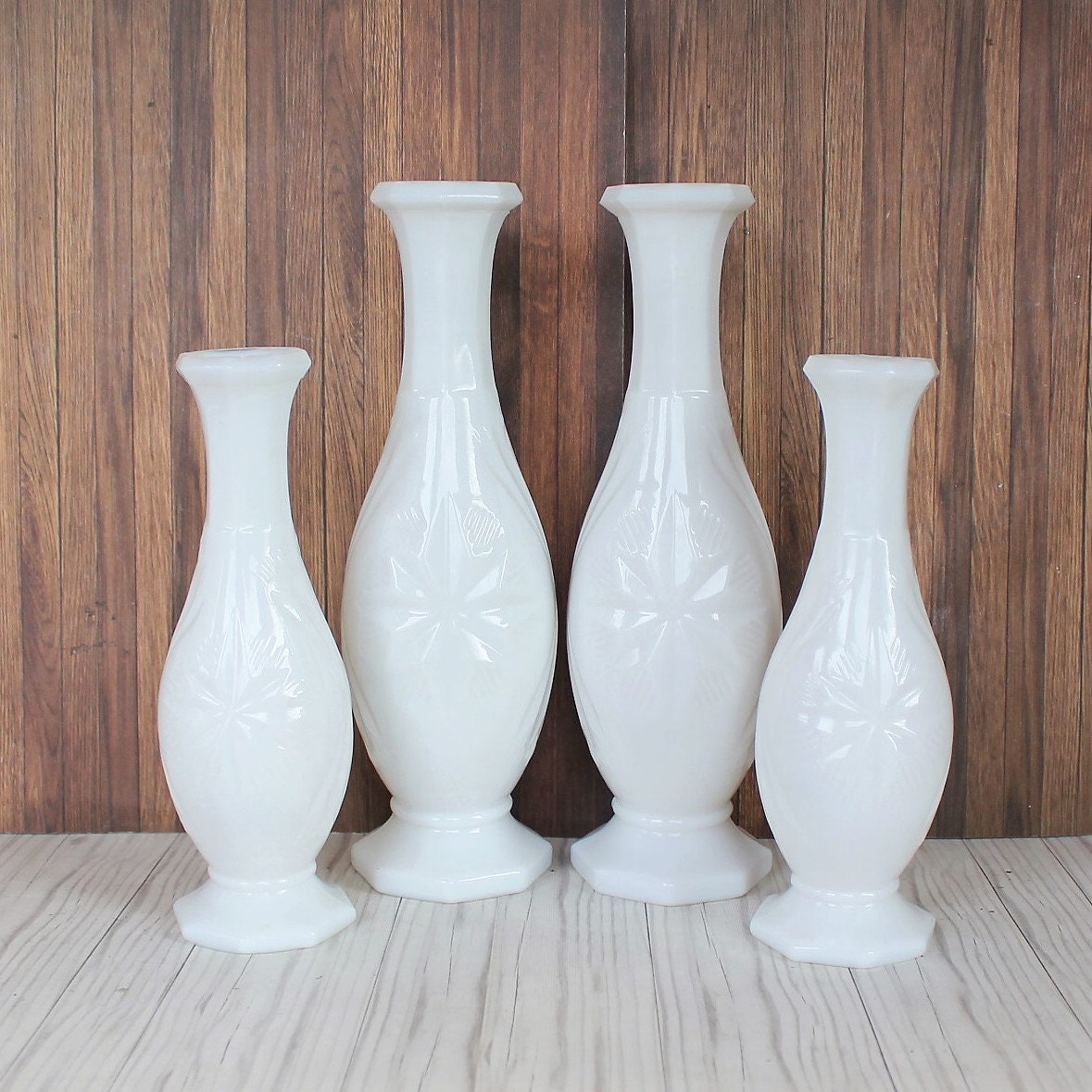 Vintage Milk Glass Vase Set of 4 White Vases Large and Small Matched Pairs Geometric Star