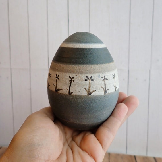 Vintage Easter Egg Shaped Pottery Bud Vase Blue and White with Flower Design Signed Hulda