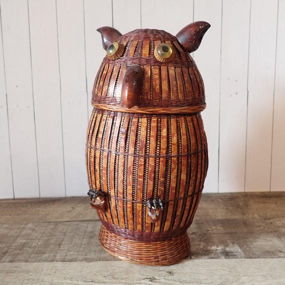 Vintage Wicker Woven Owl Basket Figurine