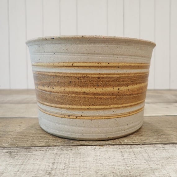 Vintage Stoneware Planter Gray Brown Ribbed Rustic Flowerpot Handmade Pottery Ribbed Banded Design