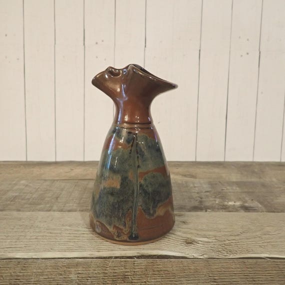 Vintage Doe Ridge Pottery Bob Meier Pinch Top Vase Brown and Blue Mixed Glazes