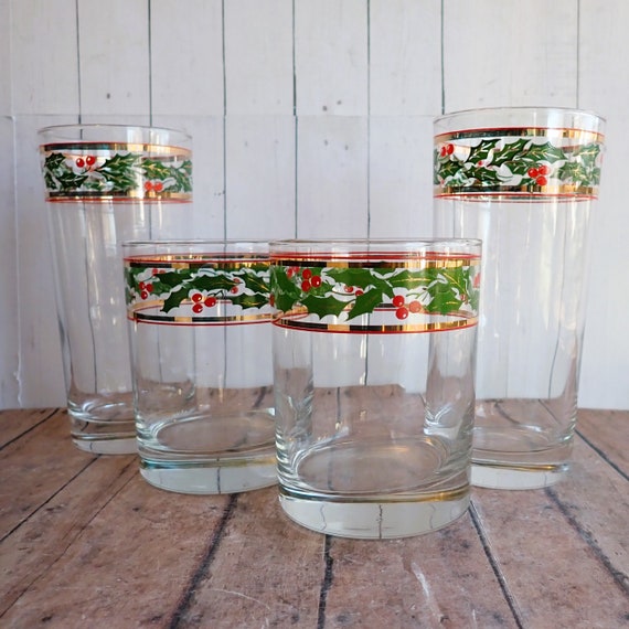 Vintage Culver Christmas Holly and Berry Tumbler and Old Fashioned Glasses Set of 4 Clear with Green Holly and Red Berry Gold Band Design