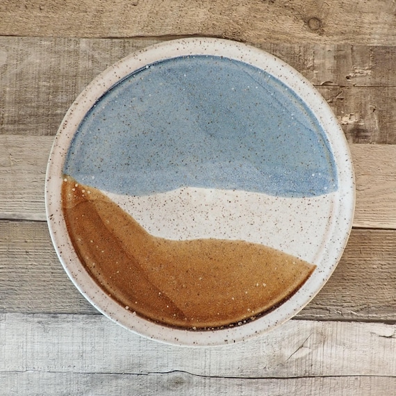 Vintage Stoneware Pottery Plates Set of 4 Brown Blue and White with Wavy Design Signed Westby Westly