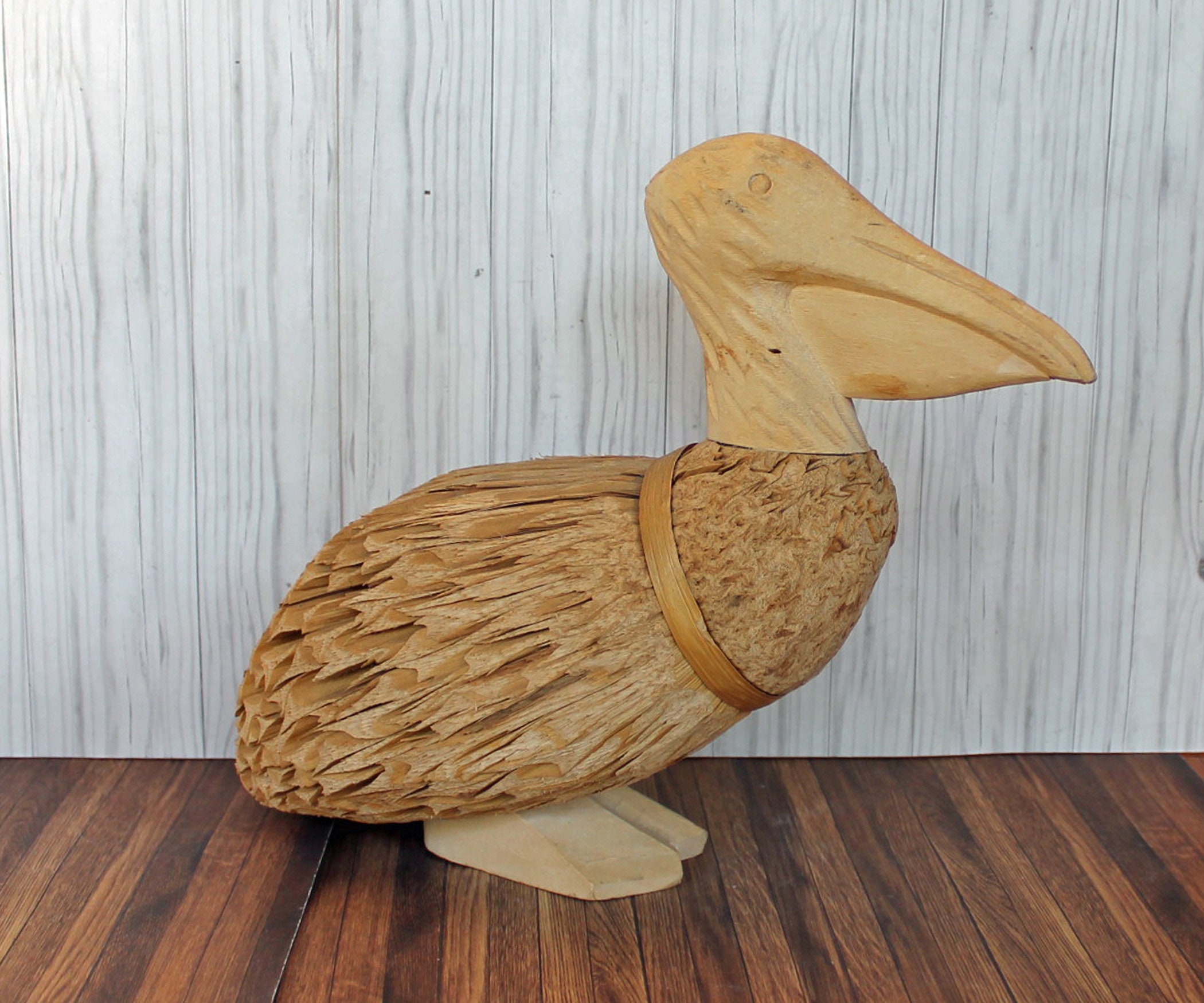 Vintage Corn Husk Wood Pelican Bird Figurine Statue Shore Bird Seagull