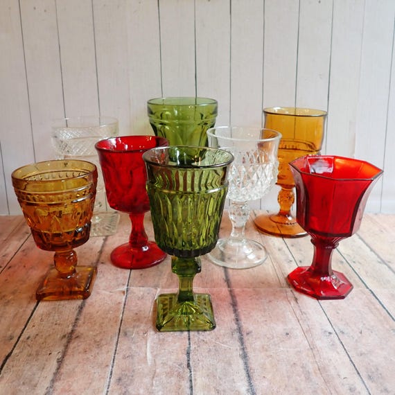 Vintage Mismatched Green Amber Green Red Clear Glass Goblets Wine Glasses Set of 8 Mix and Match Set