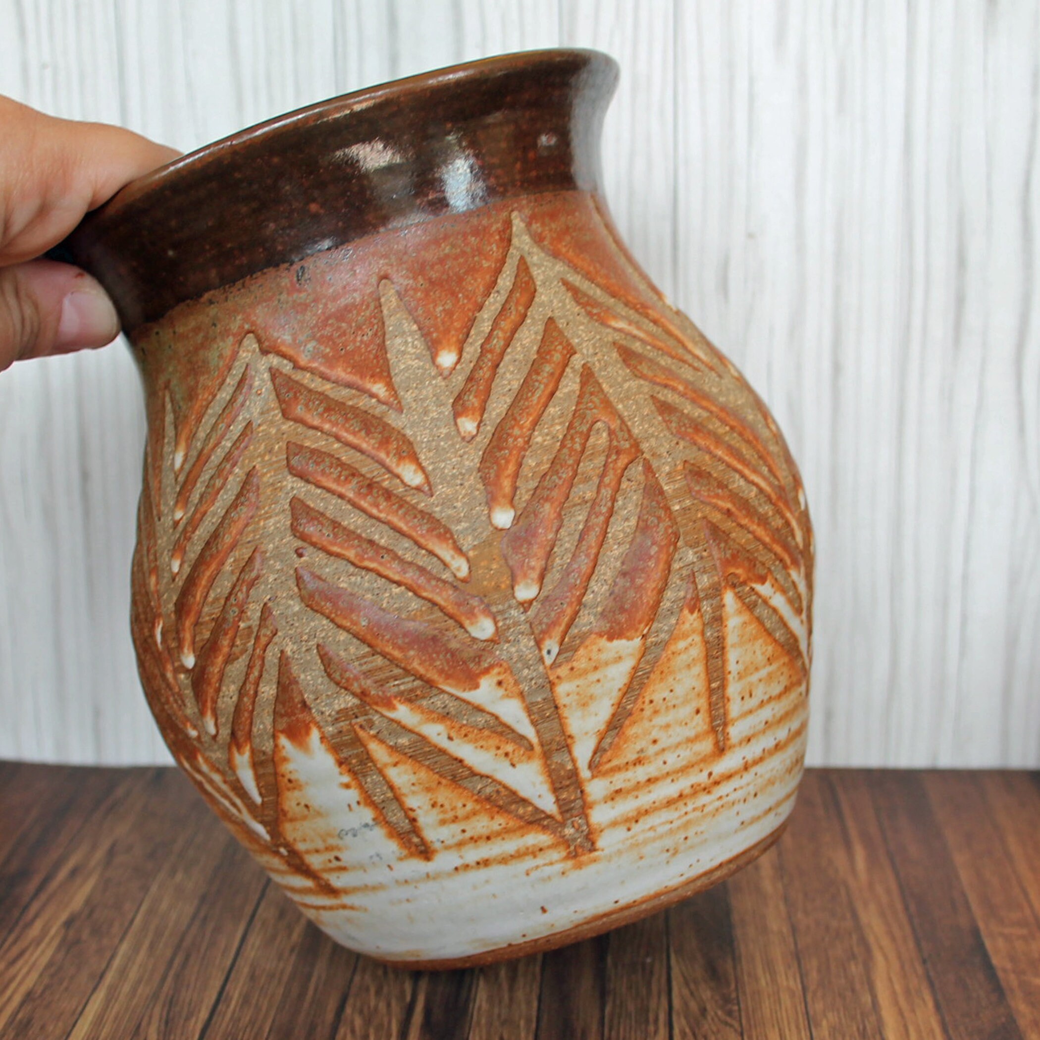 Vintage Stoneware Vase Tree Leaf Design Orange and White Hand Made