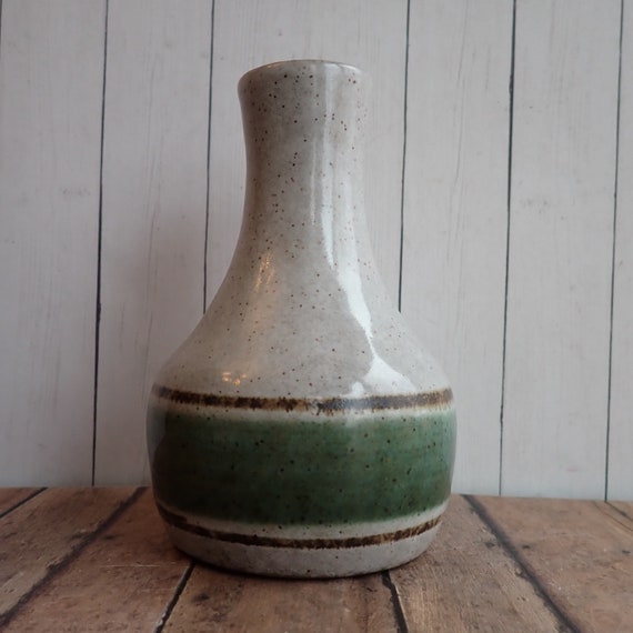 Vintage Pottery Craft Stoneware Vase Gray with Green Brown Stripes PotteryCraft Modern Striped Vase