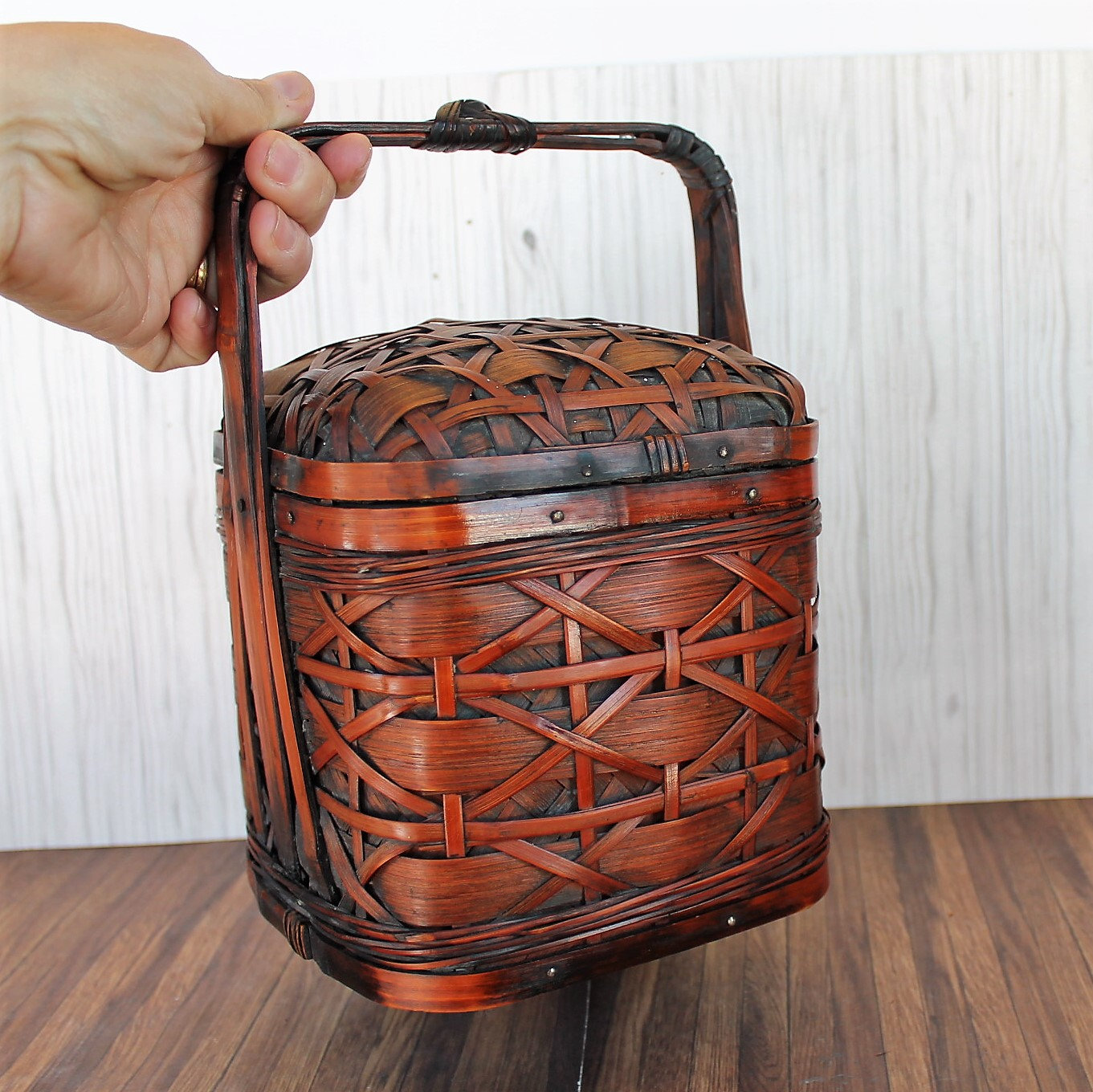 Vintage Woven Wicker Square Sewing Basket with Lid and Handle Asian