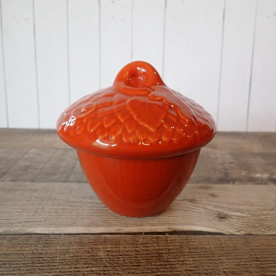 Vintage Pfaltzgraff PLYMOUTH Ceramic Acorn Dish Jar with Lid Nutmeg Red Ceramic Trinket Dish Candle Holder Fall Thanksgiving Decor