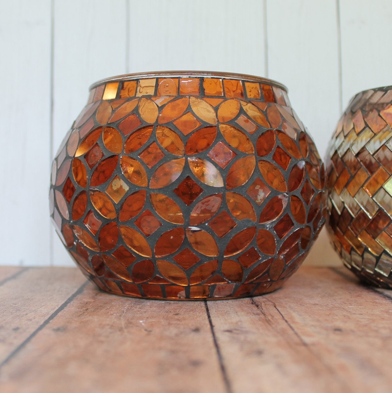 Vintage Glass Hurricane Mosaic Candle Holder Set of 3 Amber Gold Blue Votive or Pillar Candle Holder
