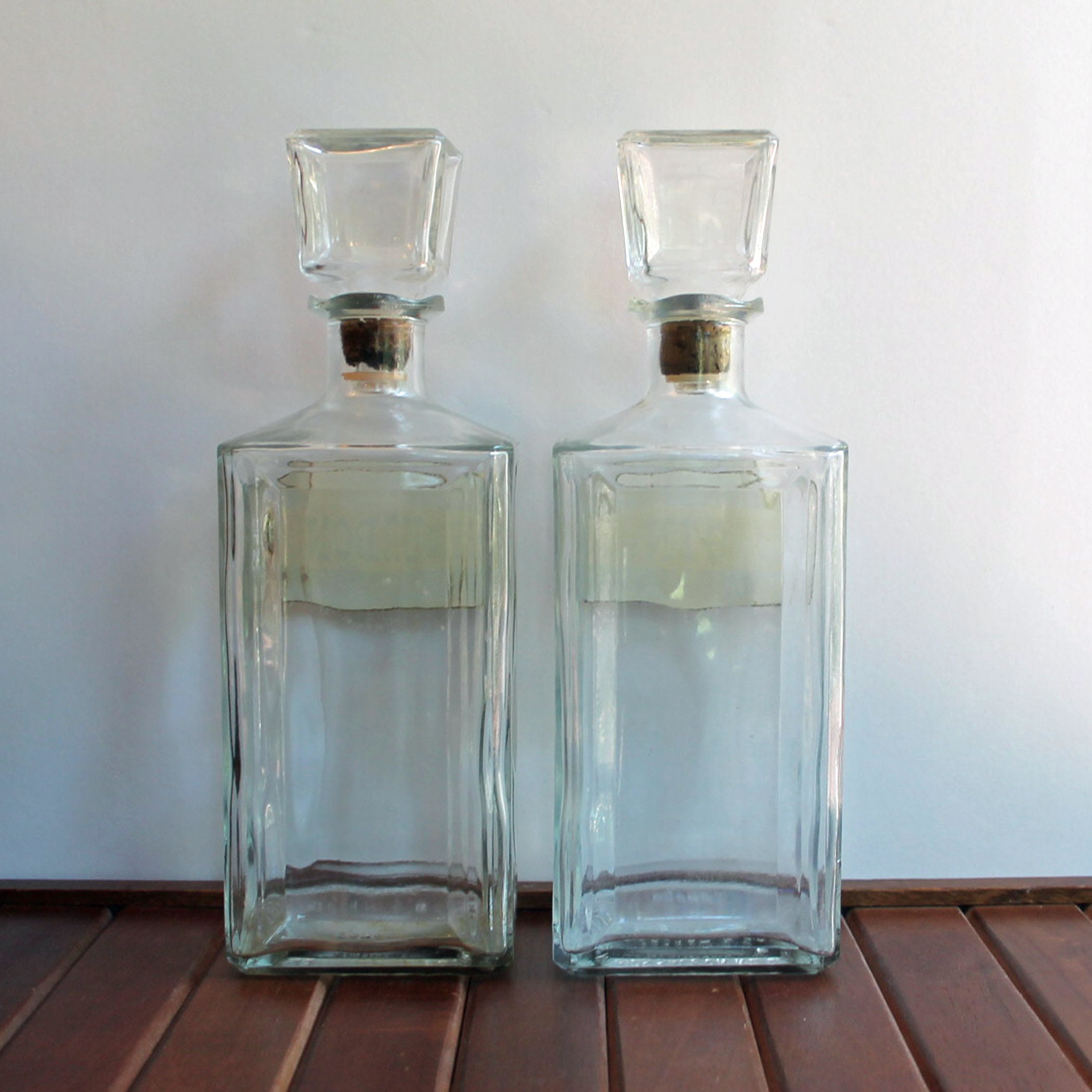 Vintage Seagrams Decanter Set of 2 Clear Glass Bottles Gin & Bourbon