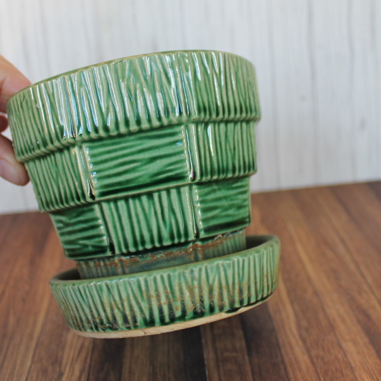 Vintage McCoy Planter Small Flower Pots Green Faux Wood Basketweave