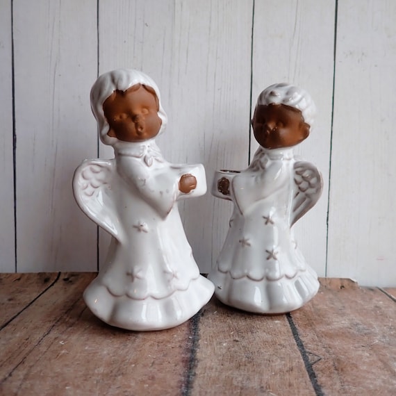 Vinage Stoneware Angel Candle Holders Boy and Girl Figurines Set of 2 White and Brown Stoneware Christmas Angels