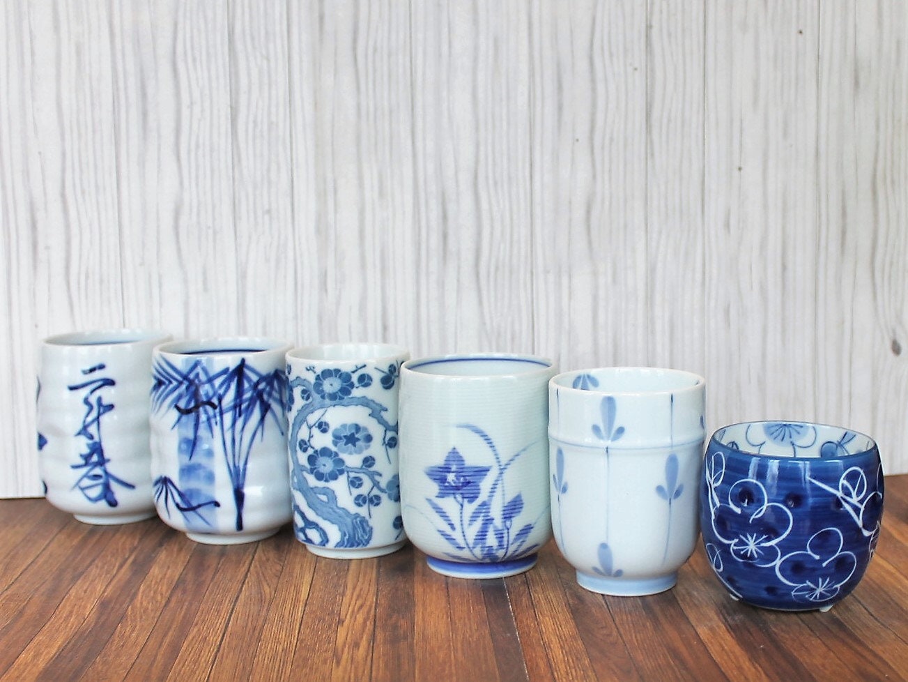 Vintage Sake Cup Set of 6 Ceramic Porcelain Cups Blue and White Flower