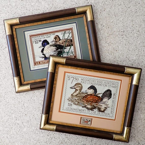 Vintage Federal Duck Stamp Finished and Framed Cross Stitch Set of 2 with Original Duck Stamps 1982 and 1990