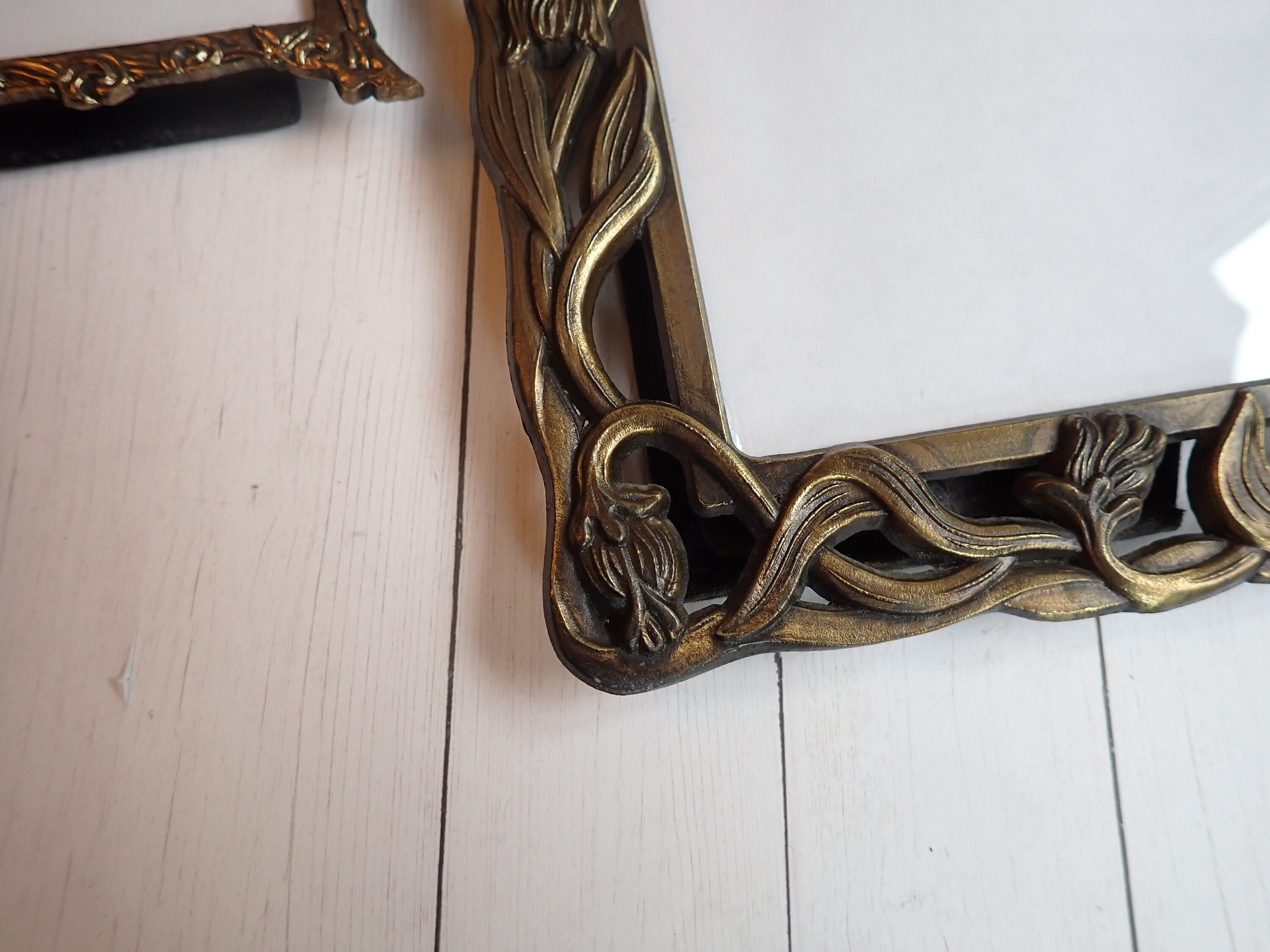 Vintage Bronze Metal Picture Photo Frame Set of 2 Etched Leaf and Tree