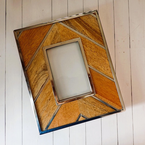 Vintage Metal and Wood Picture Photo Frame 4x6 Chevron Design 4" x 6"