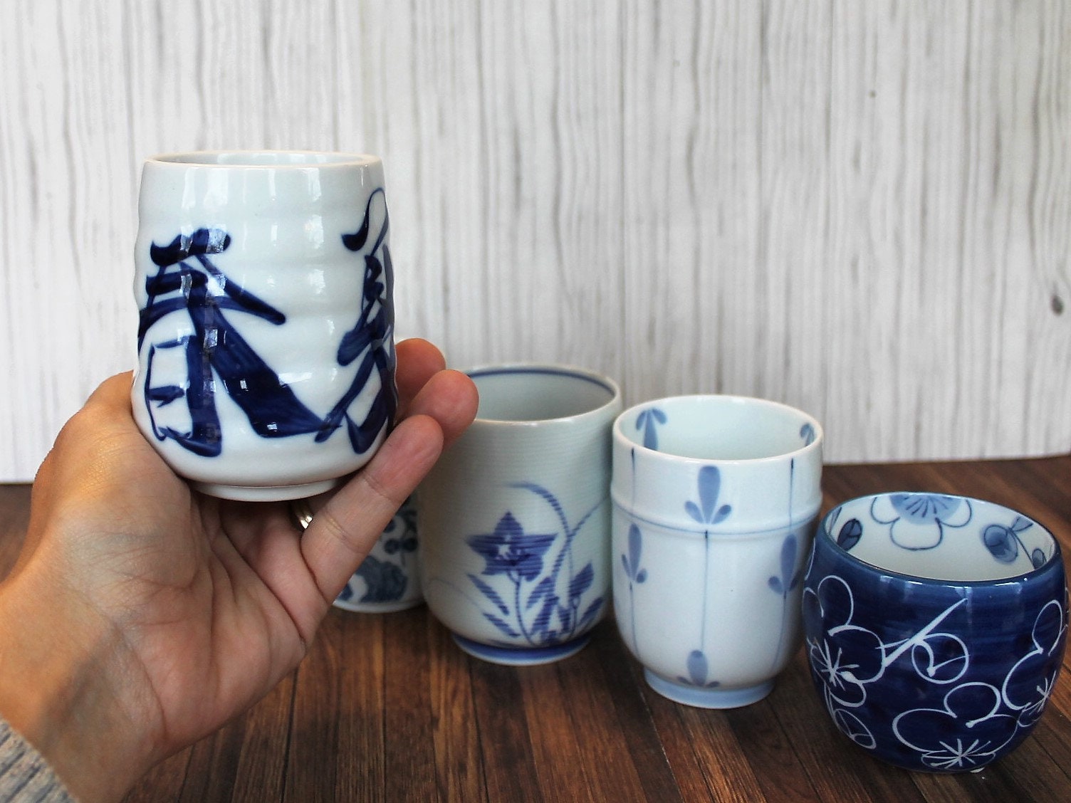 Vintage Sake Cup Set of 6 Ceramic Porcelain Cups Blue and White Flower