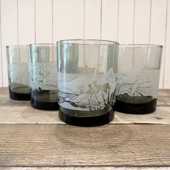 Vintage McDonalds Hawaii Glasses Set of 4 Grey Old Fashioned Glasses with White Surfer Sailing Boat Fishing Designs