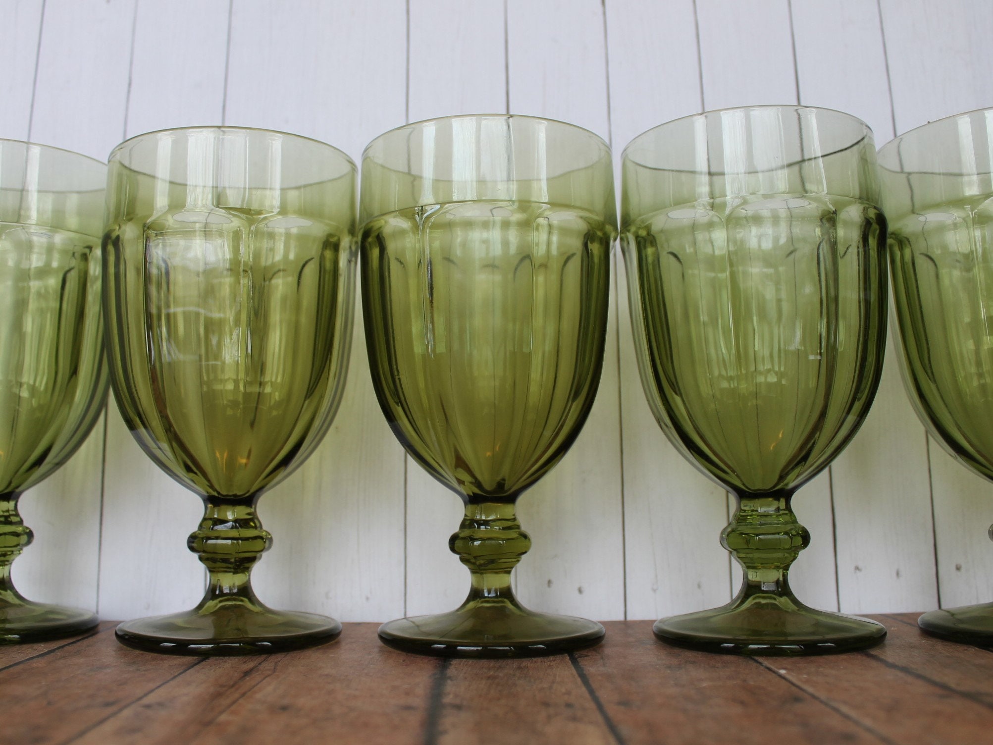 Vintage Libbey Glass GIBRALTAR Olive Green 7 Iced Tea Water Goblet Set