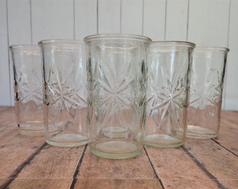 Vintage Anchor Hocking or Ball Jelly Jar Juice Glasses Tumblers Set of 6 Star Starburst Design Clear Drinking Glass Star Floral Design