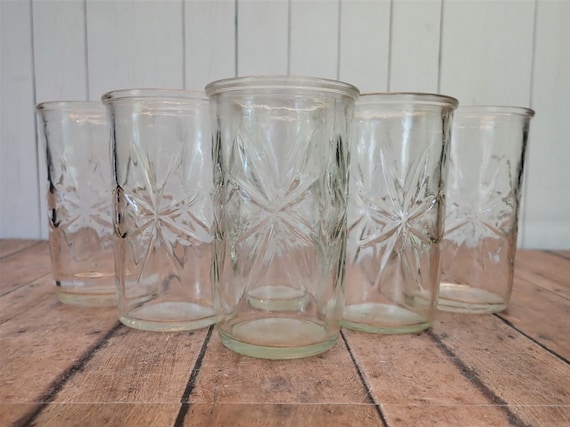 Vintage Anchor Hocking or Ball Jelly Jar Juice Glasses Tumblers Set of 6 Star Starburst Design Clear Drinking Glass Star Floral Design