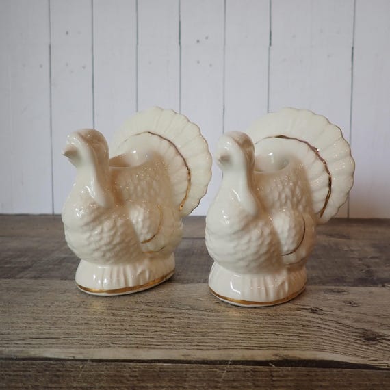 Vintage White Ceramic Turkey Candlestick Holders Set of 2 Thanksgiving Table Decor