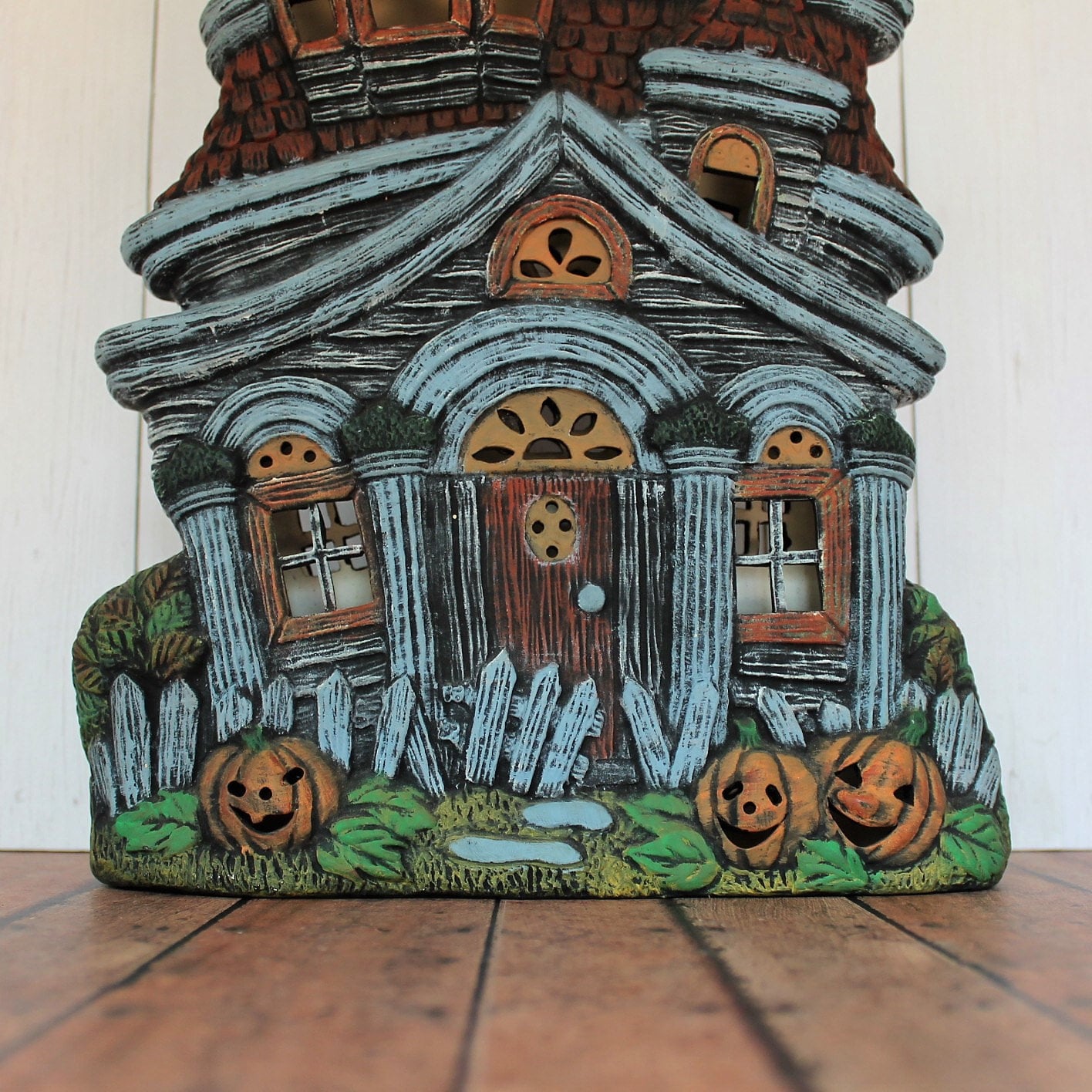 Vintage Ceramic Haunted House Halloween Figurine Luminary with Pumpkin Jack O Lanterns