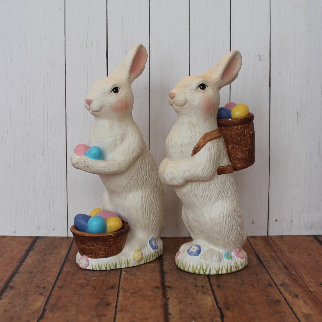 Vintage Ceramic Easter Bunny Rabbit Figurine Set of 2 Figures White