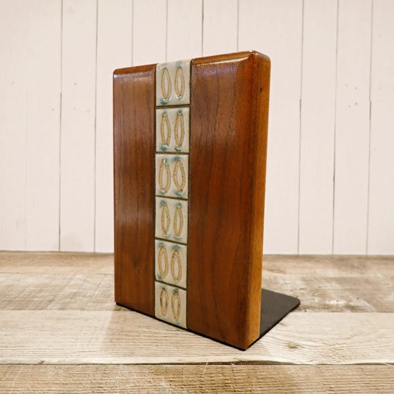 Vintage Marshall Studios Martz Wood and Tile Single Bookend Mid Century Modern with Tile Inlay Design