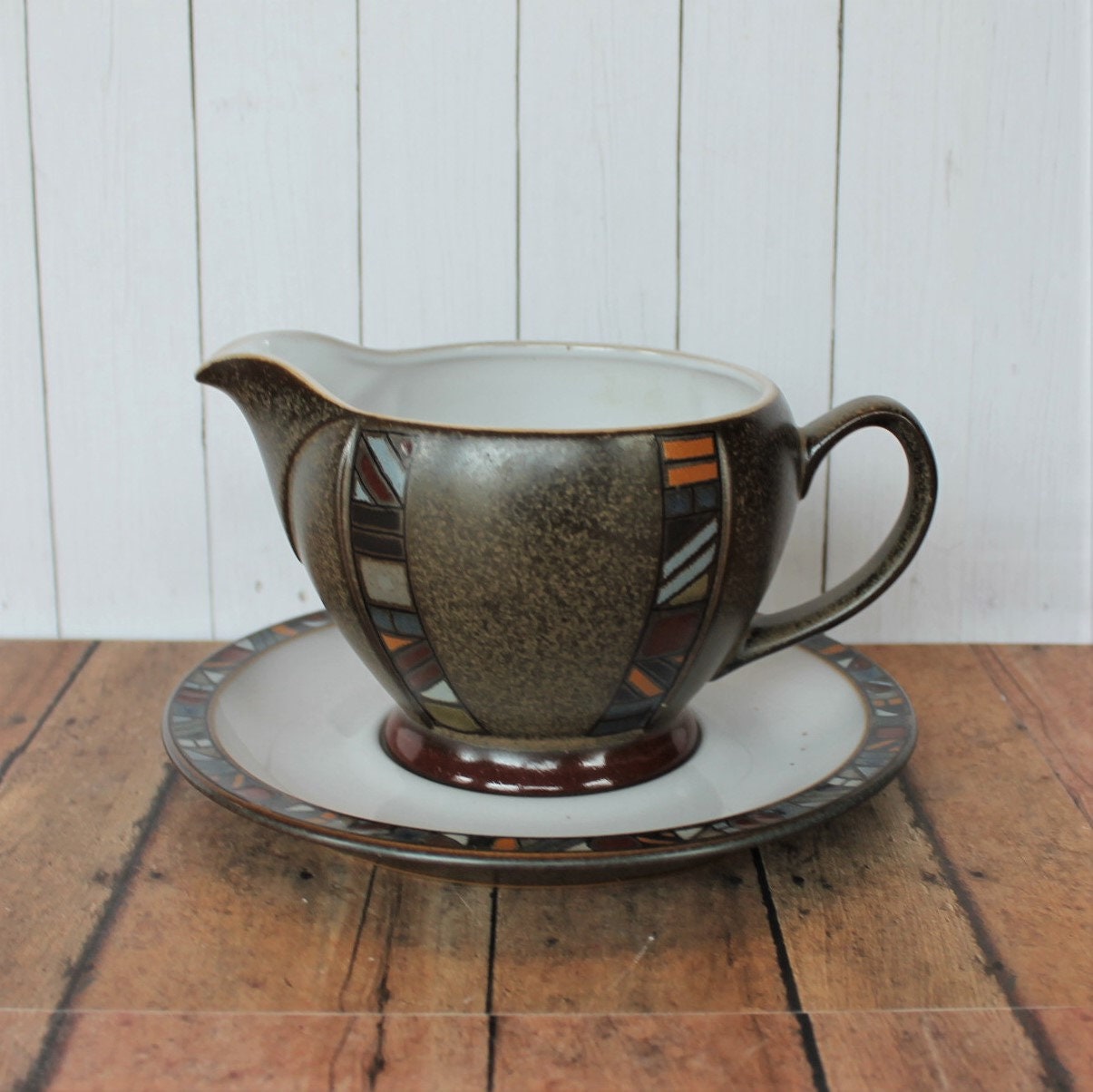 Vintage Denby MARRAKESH Ceramic Gravy Boat with Underplate Green and