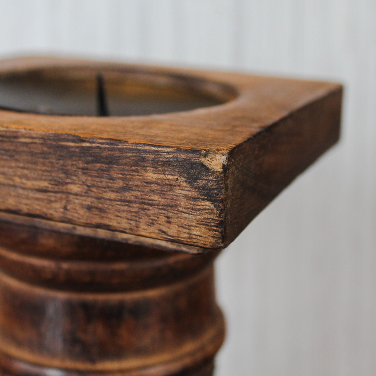 Vintage Large Wood Pillar Candle Holder Pedestal with Carved Etched