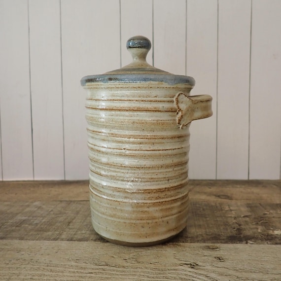 Vintage Pottery Jar with Lid Grey Blue White Stoneware Small Canister