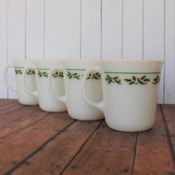 Vintage Corning Pyrex Corelle HOLLY DAYS White Milk Glass Mug Set of 4 or Set of 8 Green Holly and Red Berry Design Christmas Coffee Cups
