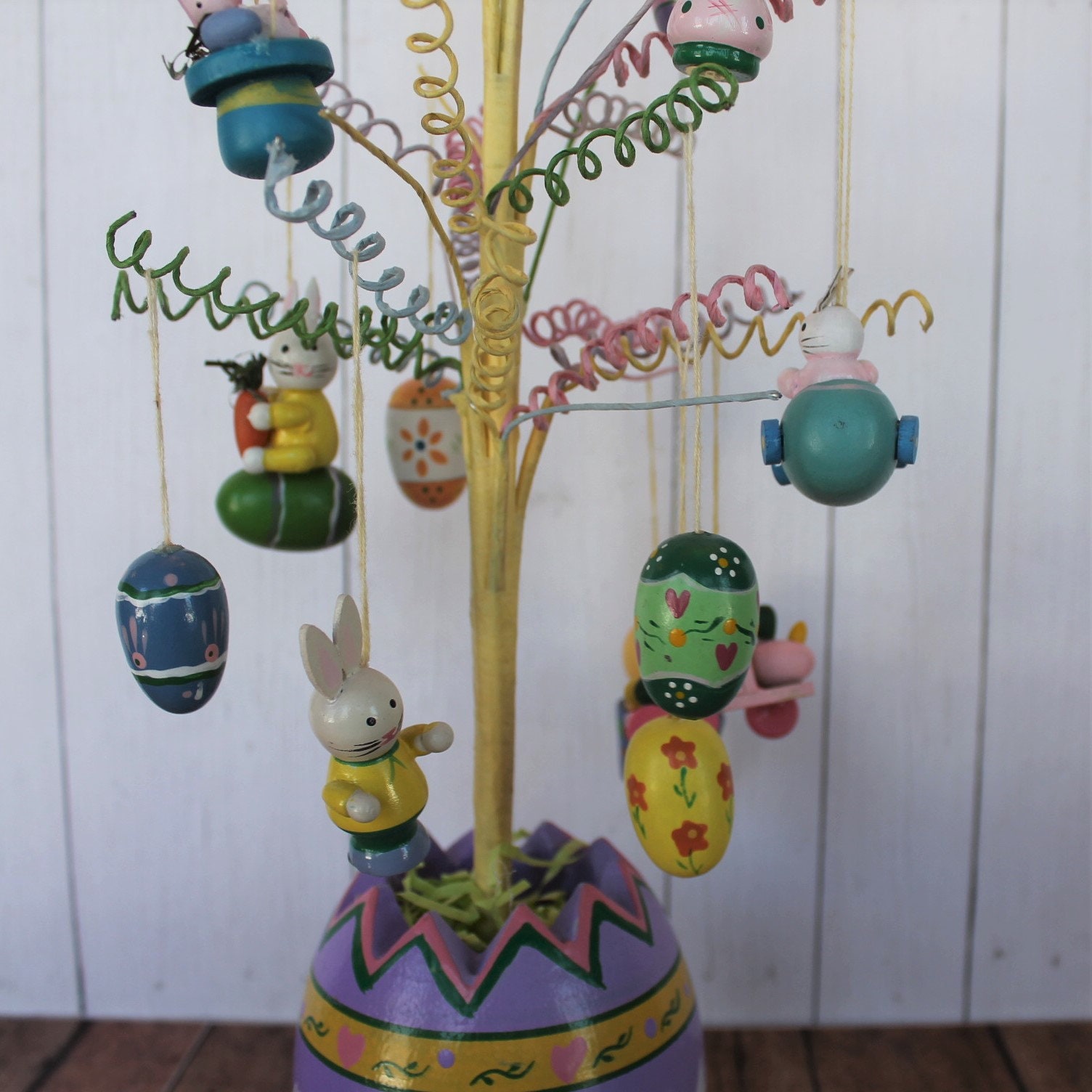 Vintage Easter Ornament Tree with 18 Miniature Wooden Ornaments Eggs