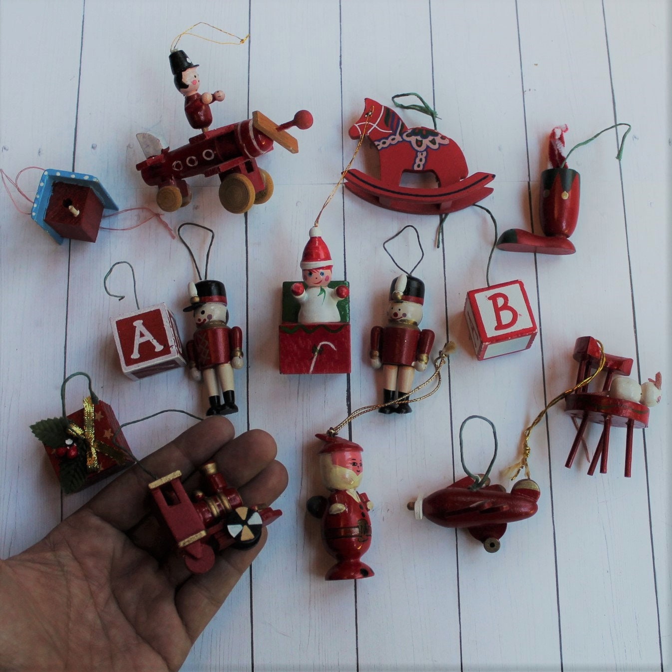 Vintage Wooden Christmas Ornaments Set of 14 Wood Ornaments Mix and