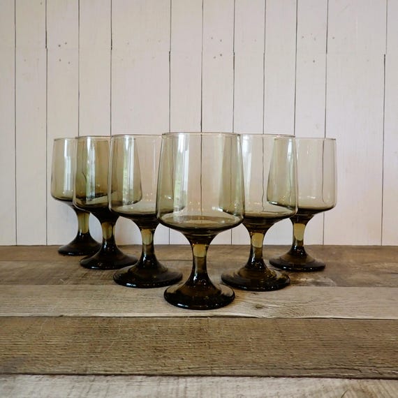 Vintage Libbey Glass TAWNY ACCENT Smoky Brown Water Goblet Set of 6 Wine Glasses 10 oz.