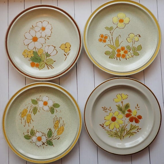 Vintage Mismatched Stoneware Salad Plate Set of 4 Mix and Match Plates White with Yellow Green Blue Brown Flower Designs 1970s
