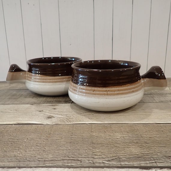 Vintage Stoneware Soup Bowl Mug with Handle Set of 2 Brown Drip with White Ribbed Banded Style Retro Taiwan