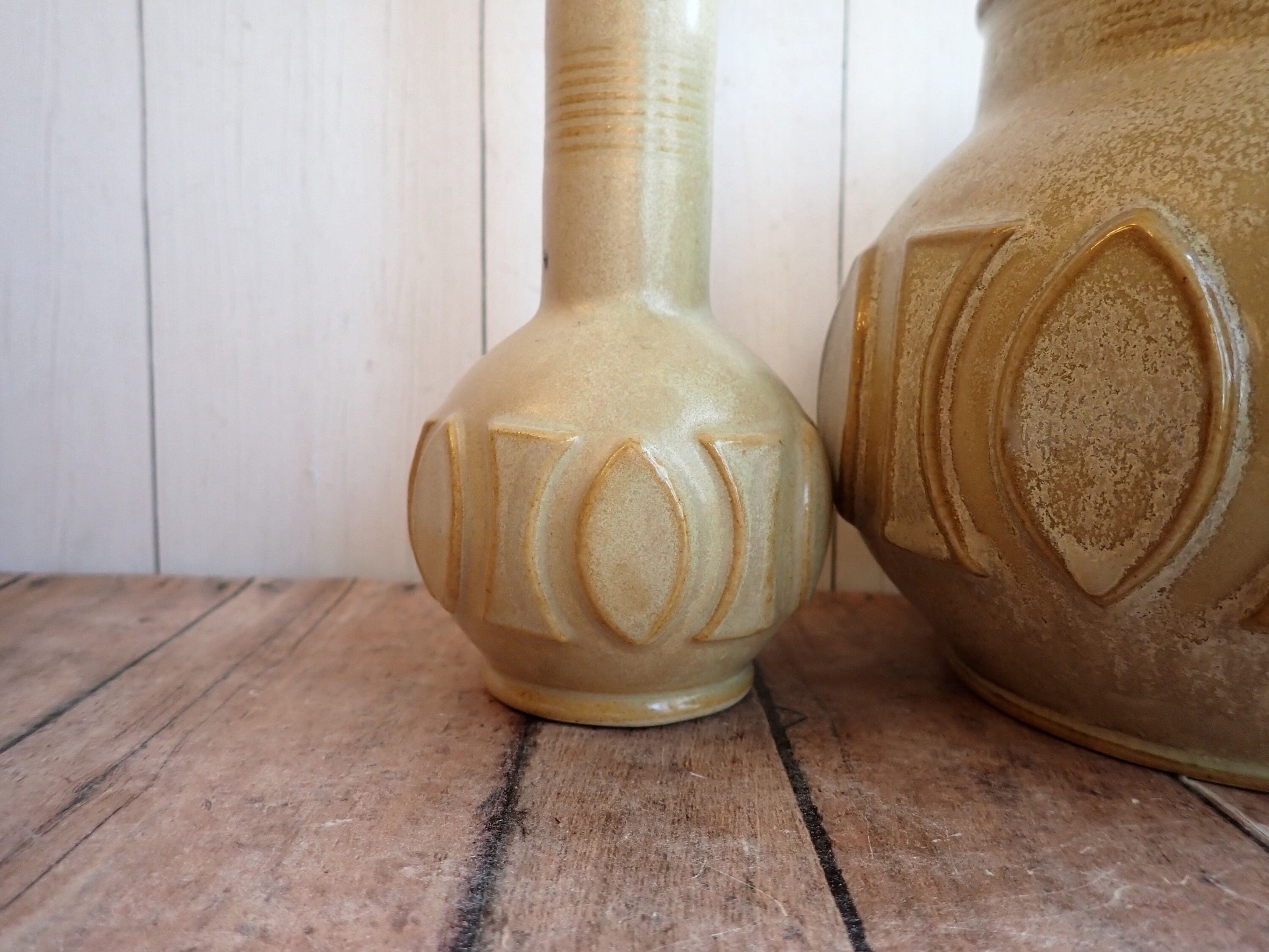 Vintage Stoneware Vase Set of 2 Vases Cream Beige Tan White with Rustic