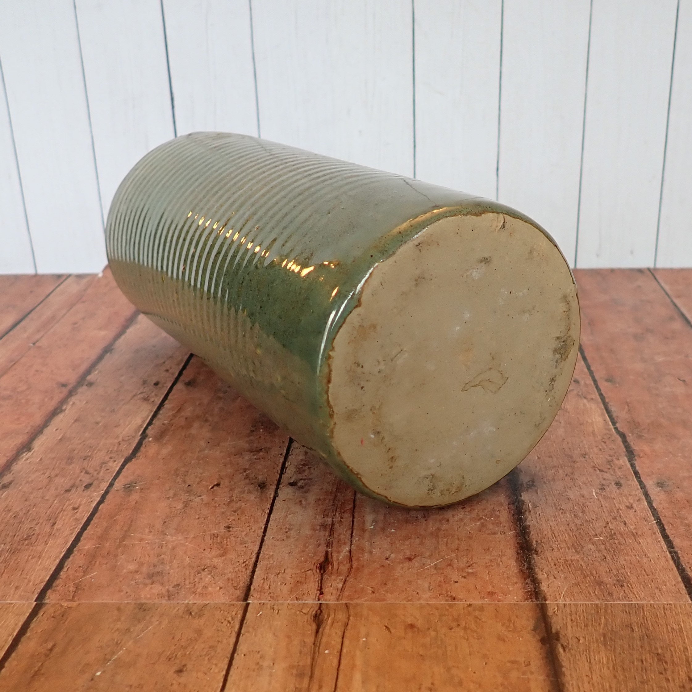 Vintage Zanesville Stoneware Planter Vase Stoneage Modern Green Ribbed