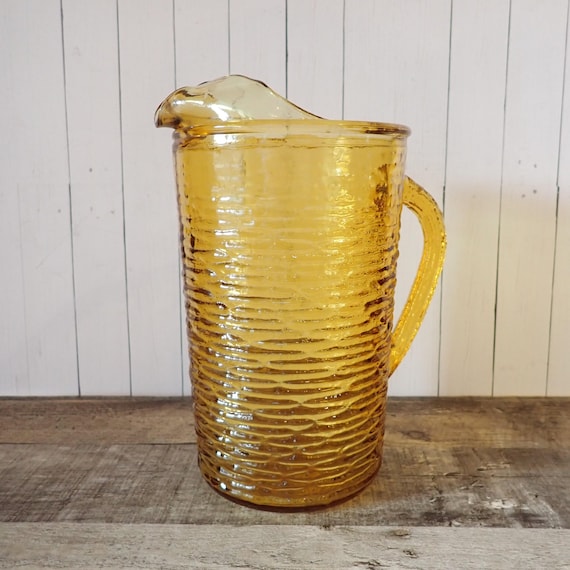 Vintage Anchor Hocking SORENO Gold Yellow Glass Pitcher Textured Bark Design