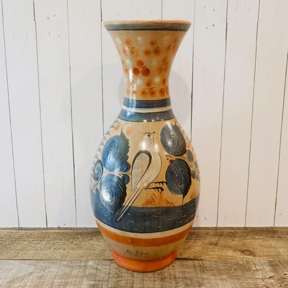 Vintage Tonala Burnished 11" Vase Tan with Gray and Blue Bird Leaf and Flower Design Mexican Pottery Made in Mexico