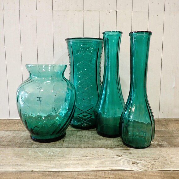 Vintage Indiana Glass Teal Blue Green Glass Vase Set of 4 Vases Mix and Match Set