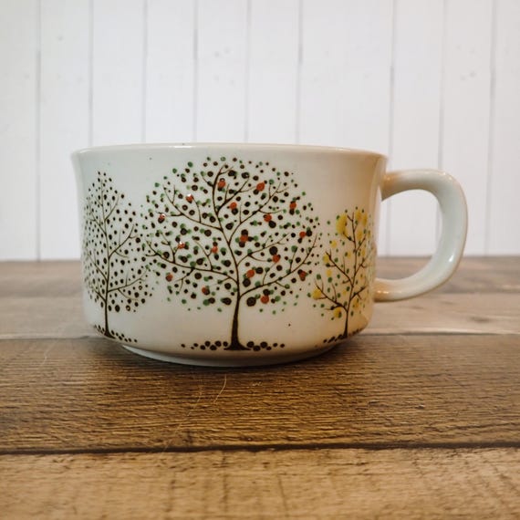 Vintage Otagiri Style Stoneware Soup Mug Bowl with Handle White with Green Tree Landscape Forest Design