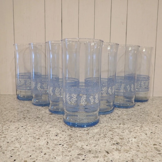 Vintage Libbey Glass Tumblers Set of 7 Clear Glass with Blue and White Flower Strawflower Design