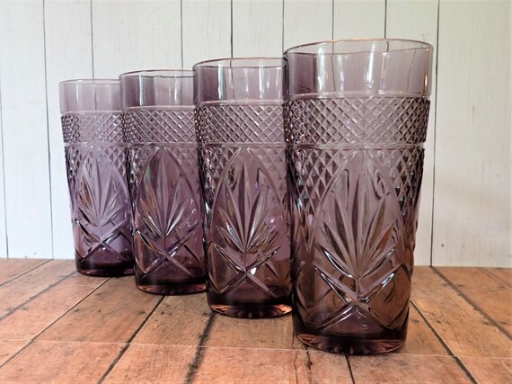 Vintage Cristal D'Arques-Durand Antique Amethyst Purple 6" Cooler Tumbler Set of 4 Floral Pineapple Lattice Design Luminarc Made in USA