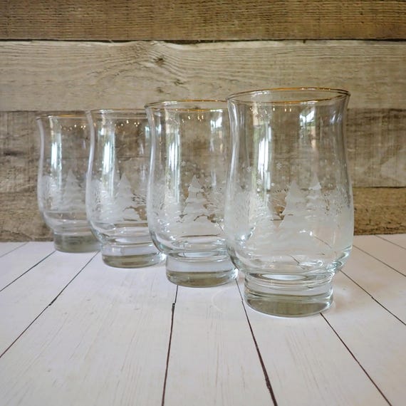 Vintage LIBBEY Christmas Holiday Glasses Curved Tumbler Clear with Frosted Etched Pine Tree and Snowflake Winer Wonderland Design Arbys