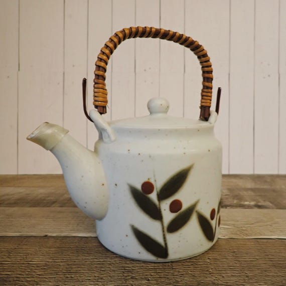 Vintage Otagiri BITTERSWEET Teapot Gray Stoneware with Green Leaves and Red Berries Mid Century Modern Tea